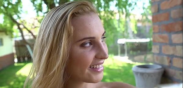  Inked blonde teen joins to grandpa in the pool outdoor